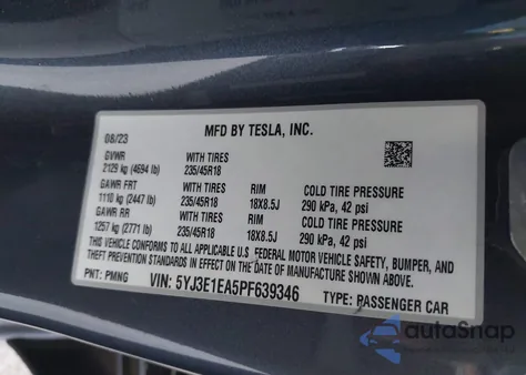 2023 Tesla Model 3 Rear-Wheel Drive from USA, damaged, VIN 5YJ3E1EA5PF639346